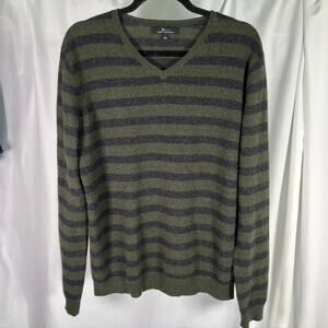 Marc Anthony 100% Cashmere Sweater Size‎ L Green Gray Striped V-Neck Soft luxury